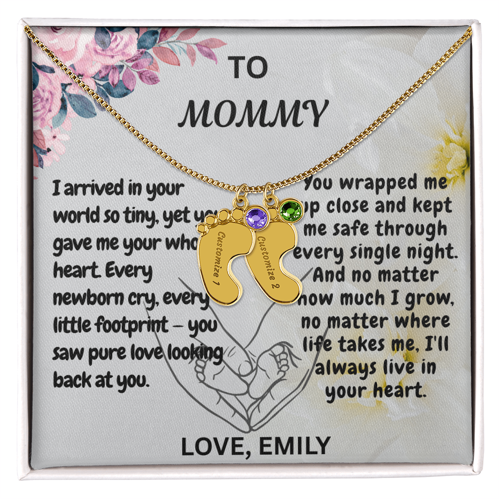 Personalized Engraved  Birthstone Necklace, Mom Birthday Keepsake,4 Pendants Max, Baby Feet With Names Necklace.
