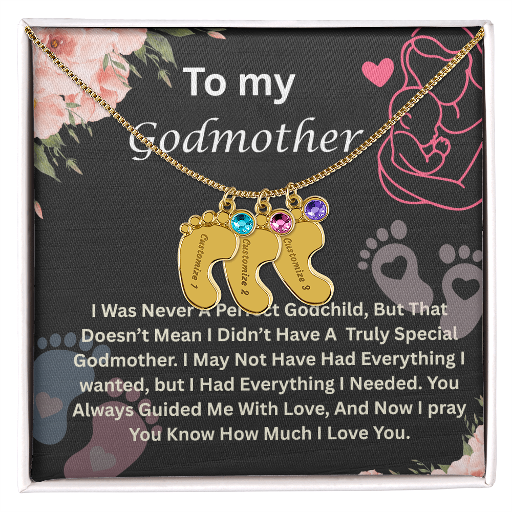 To My Godmother Engraved Baby Feet Necklace, Birthstone Necklace With Custom Name Jewelry, Gift For Grandmother.