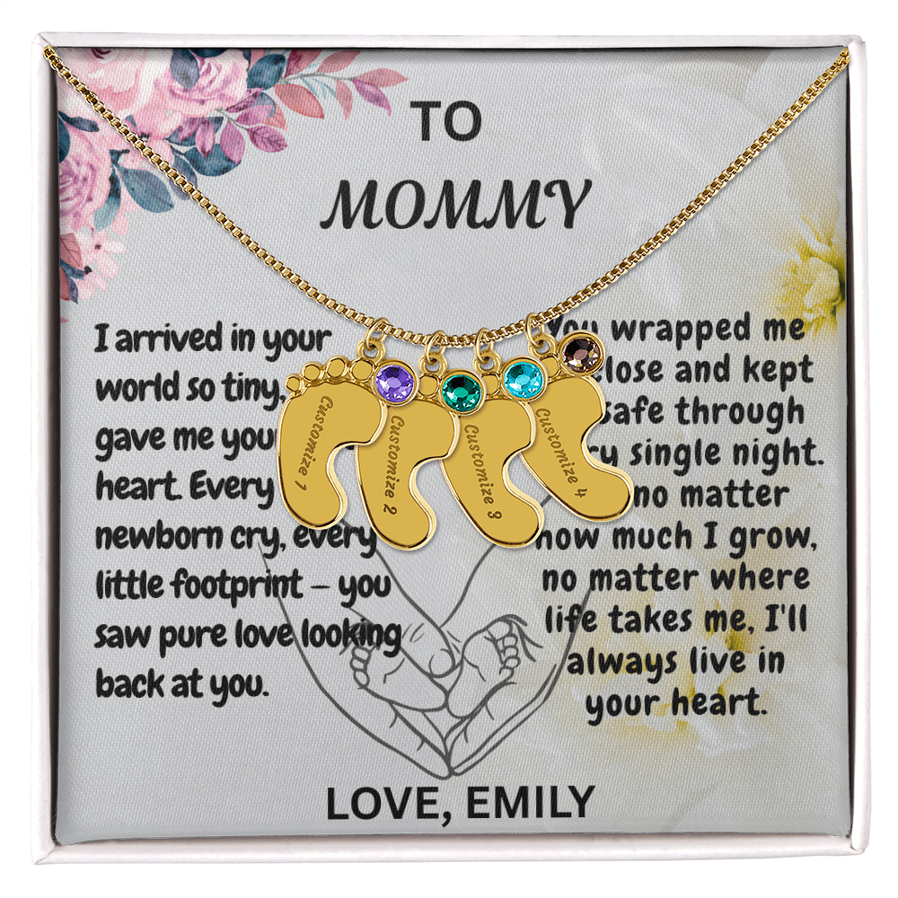 Personalized Engraved  Birthstone Necklace, Mom Birthday Keepsake,4 Pendants Max, Baby Feet With Names Necklace.