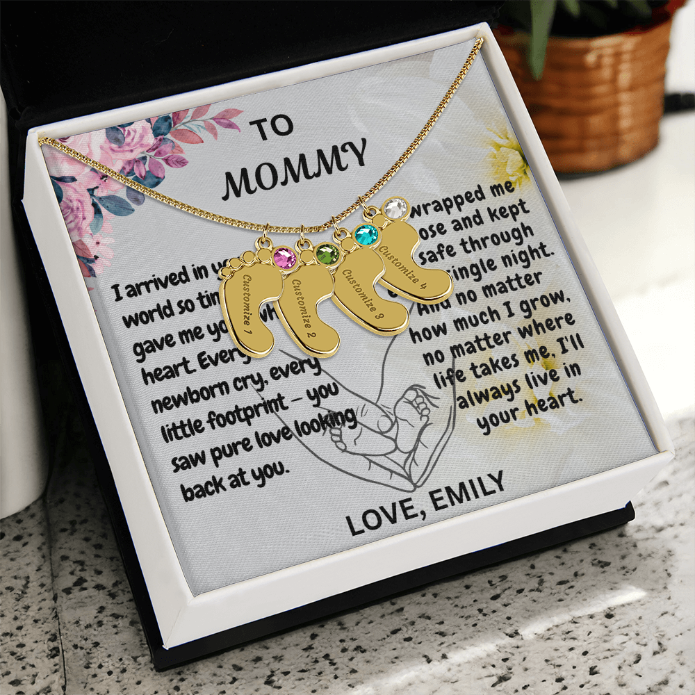 Personalized Engraved  Birthstone Necklace, Mom Birthday Keepsake,4 Pendants Max, Baby Feet With Names Necklace.