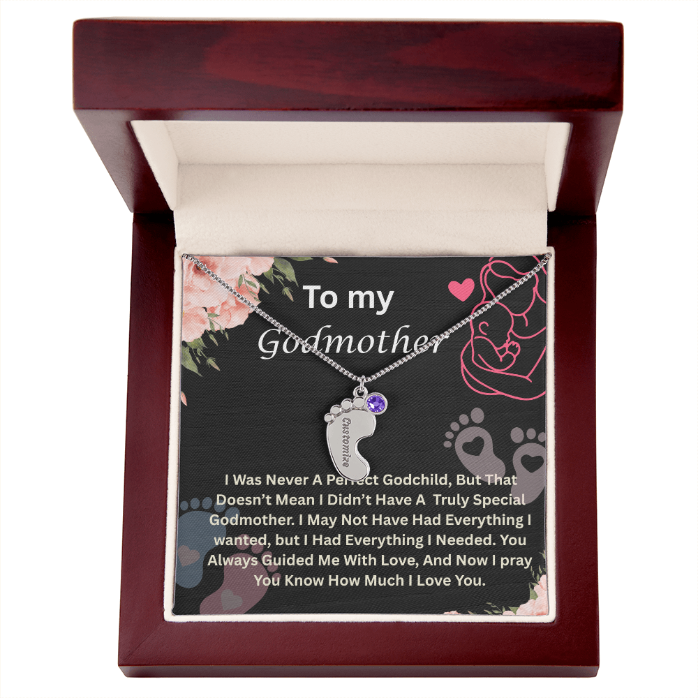 To My Godmother Engraved Baby Feet Necklace, Birthstone Necklace With Custom Name Jewelry, Gift For Grandmother.