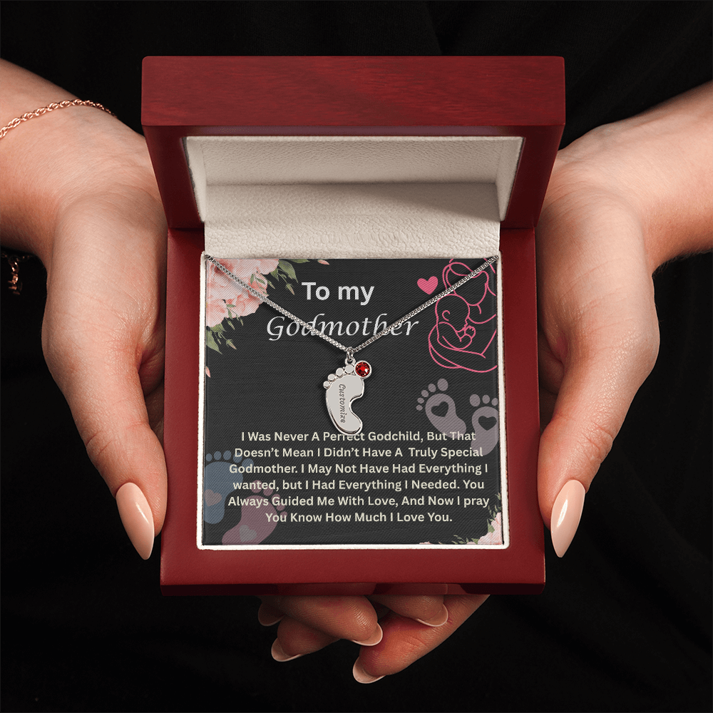 To My Godmother Engraved Baby Feet Necklace, Birthstone Necklace With Custom Name Jewelry, Gift For Grandmother.