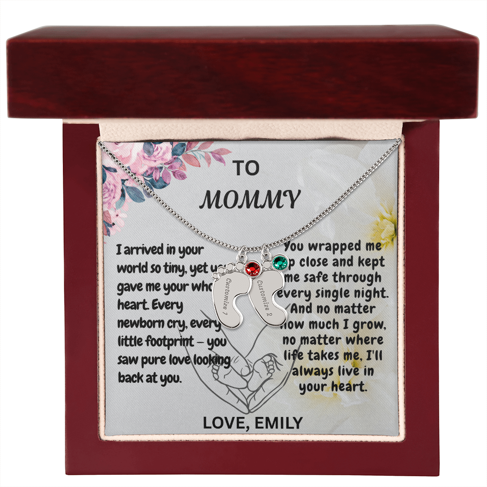 Personalized Engraved  Birthstone Necklace, Mom Birthday Keepsake,4 Pendants Max, Baby Feet With Names Necklace.