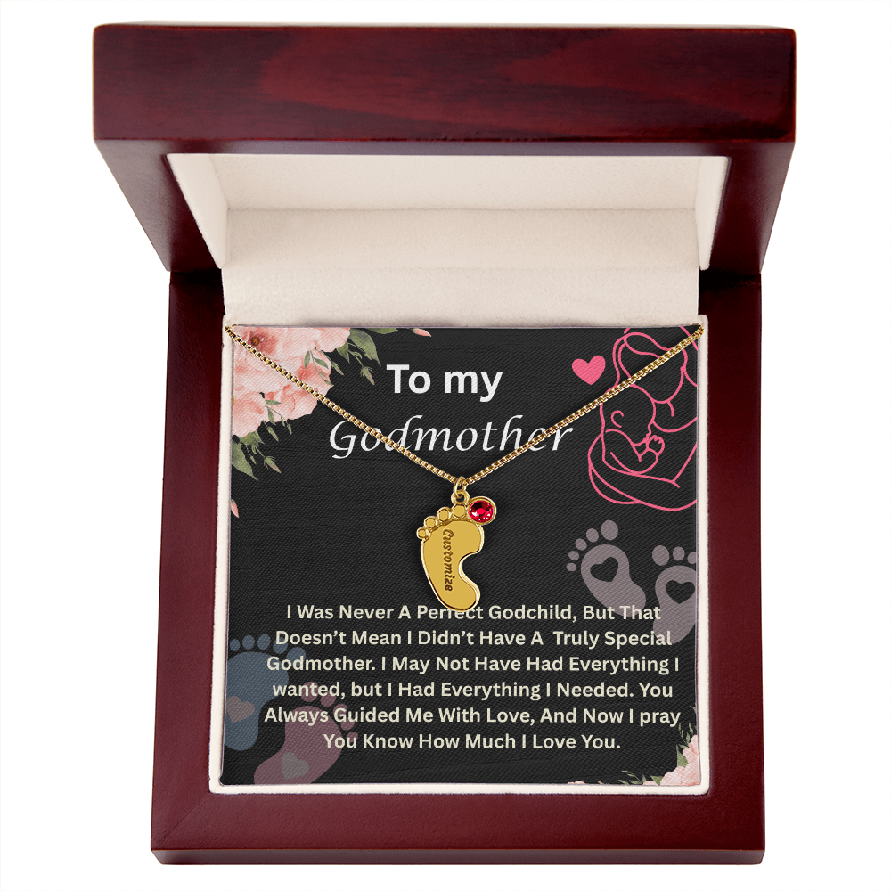 To My Godmother Engraved Baby Feet Necklace, Birthstone Necklace With Custom Name Jewelry, Gift For Grandmother.