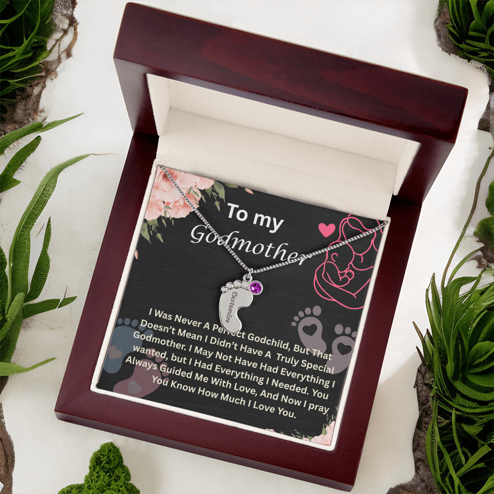 To My Godmother Engraved Baby Feet Necklace, Birthstone Necklace With Custom Name Jewelry, Gift For Grandmother.