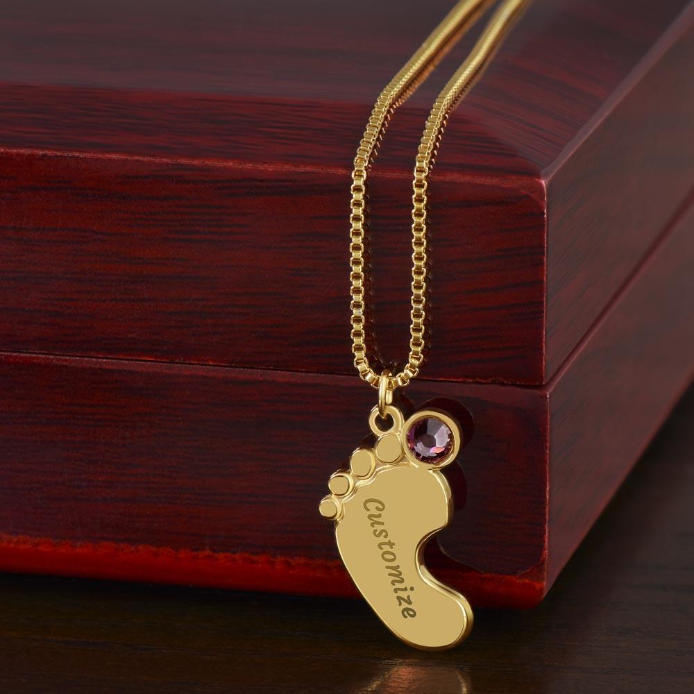 Personalized Engraved  Birthstone Necklace, Mom Birthday Keepsake,4 Pendants Max, Baby Feet With Names Necklace.