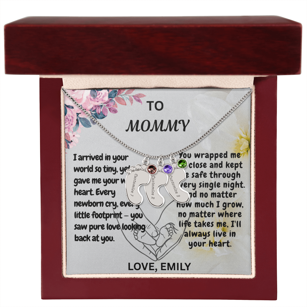 Personalized Engraved  Birthstone Necklace, Mom Birthday Keepsake,4 Pendants Max, Baby Feet With Names Necklace.