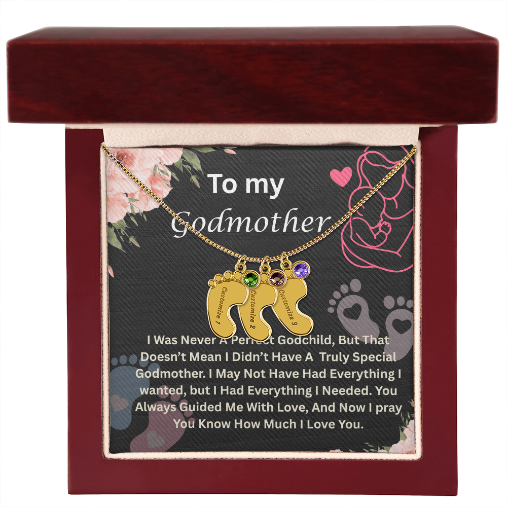 To My Godmother Engraved Baby Feet Necklace, Birthstone Necklace With Custom Name Jewelry, Gift For Grandmother.