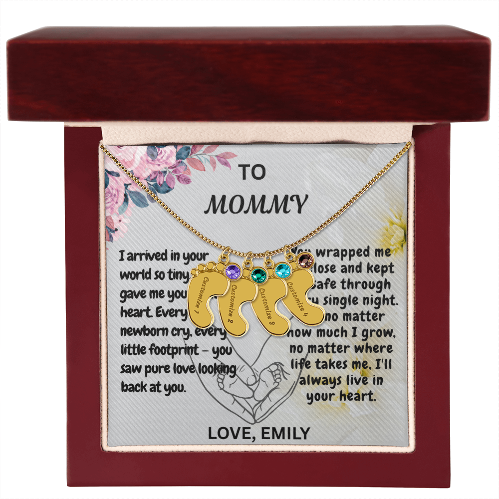 Personalized Engraved  Birthstone Necklace, Mom Birthday Keepsake,4 Pendants Max, Baby Feet With Names Necklace.