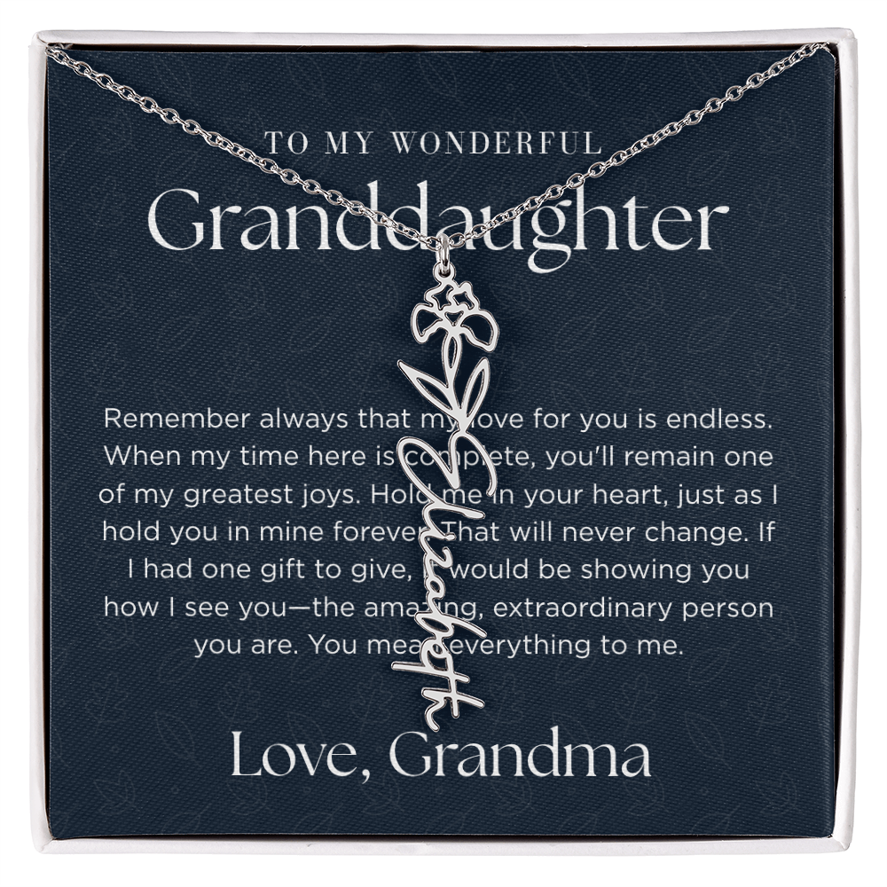 Personalized Birth Flower Name Necklace for Granddaughter | Custom Dainty Floral Pendant & Christmas Gift from Grandparents