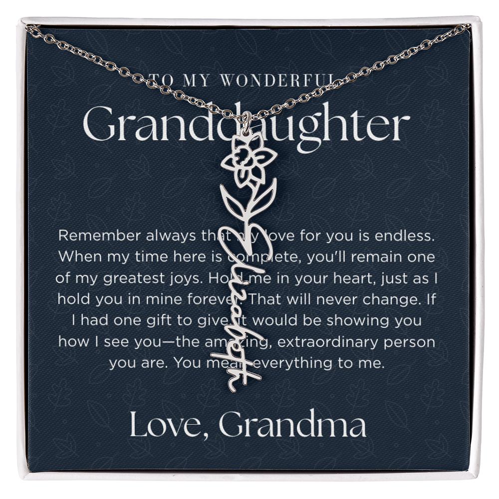 Personalized Birth Flower Name Necklace for Granddaughter | Custom Dainty Floral Pendant & Christmas Gift from Grandparents
