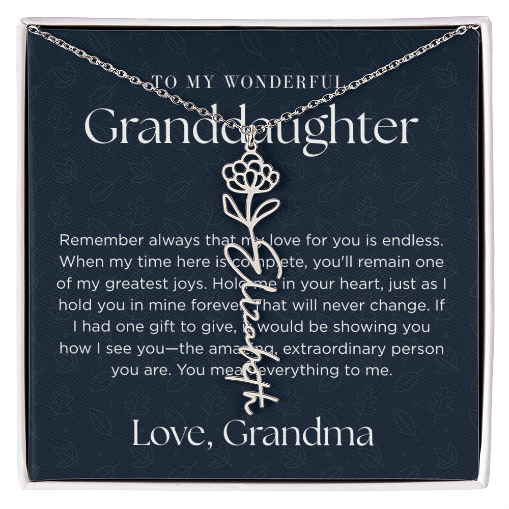 Personalized Birth Flower Name Necklace for Granddaughter | Custom Dainty Floral Pendant & Christmas Gift from Grandparents