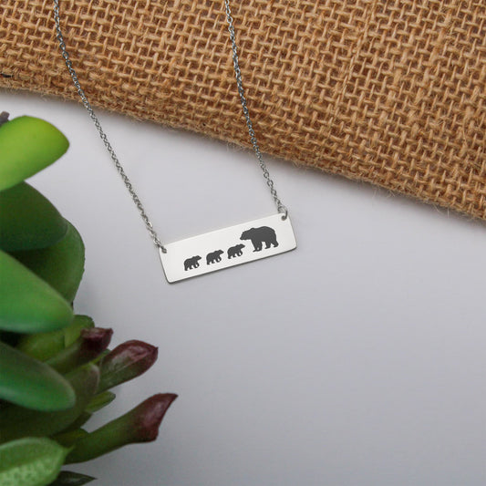 Engraved Mama Bear With Cubs Necklace, Personalized Mom Gift, Mama Bear Laser  Engraved Bar  Necklace, Mom Birthday  Gift.