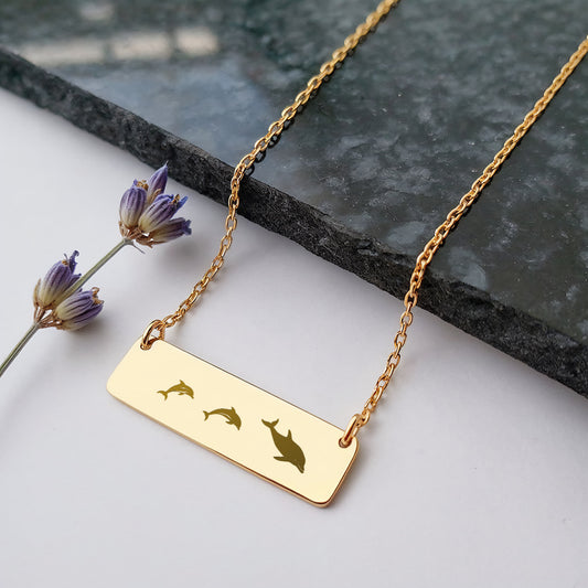 Dolphin Mama Jewelry Gift, Mom Birthday Gift, Permanent Laser Engraved Bar Necklace, Sea Mom Gift