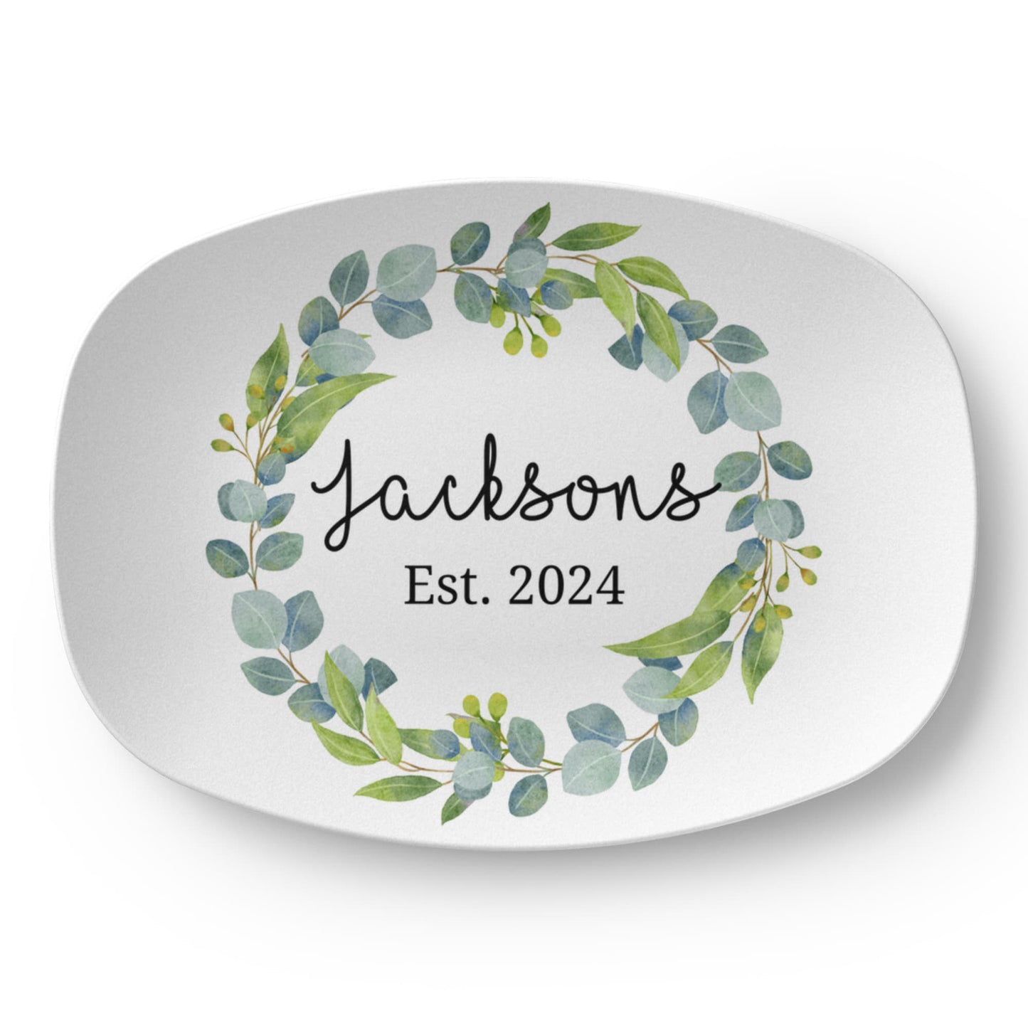 Custom Farmhouse Personalized Platter, Family Last Name Wreath Gift Plate for Wedding Shower Anniversary Housewarming