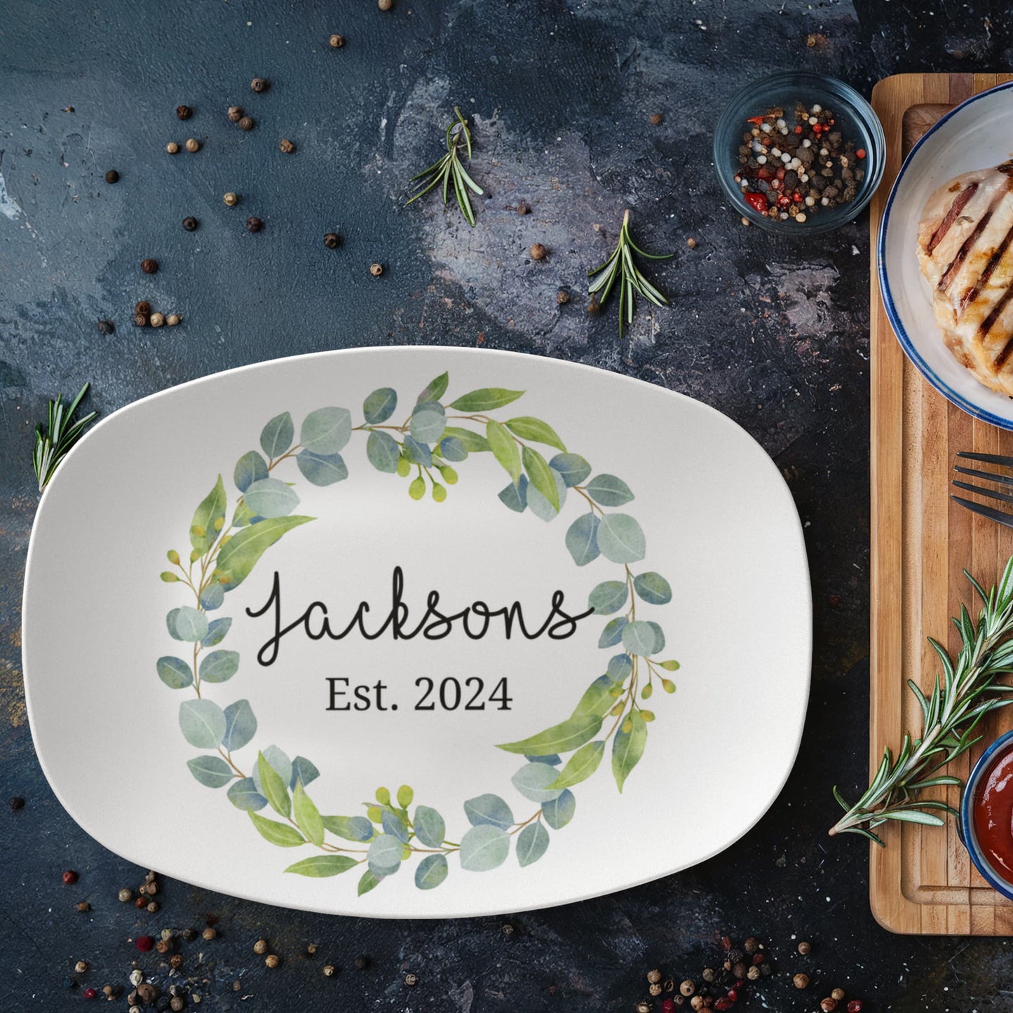 Custom Farmhouse Personalized Platter, Family Last Name Wreath Gift Plate for Wedding Shower Anniversary Housewarming