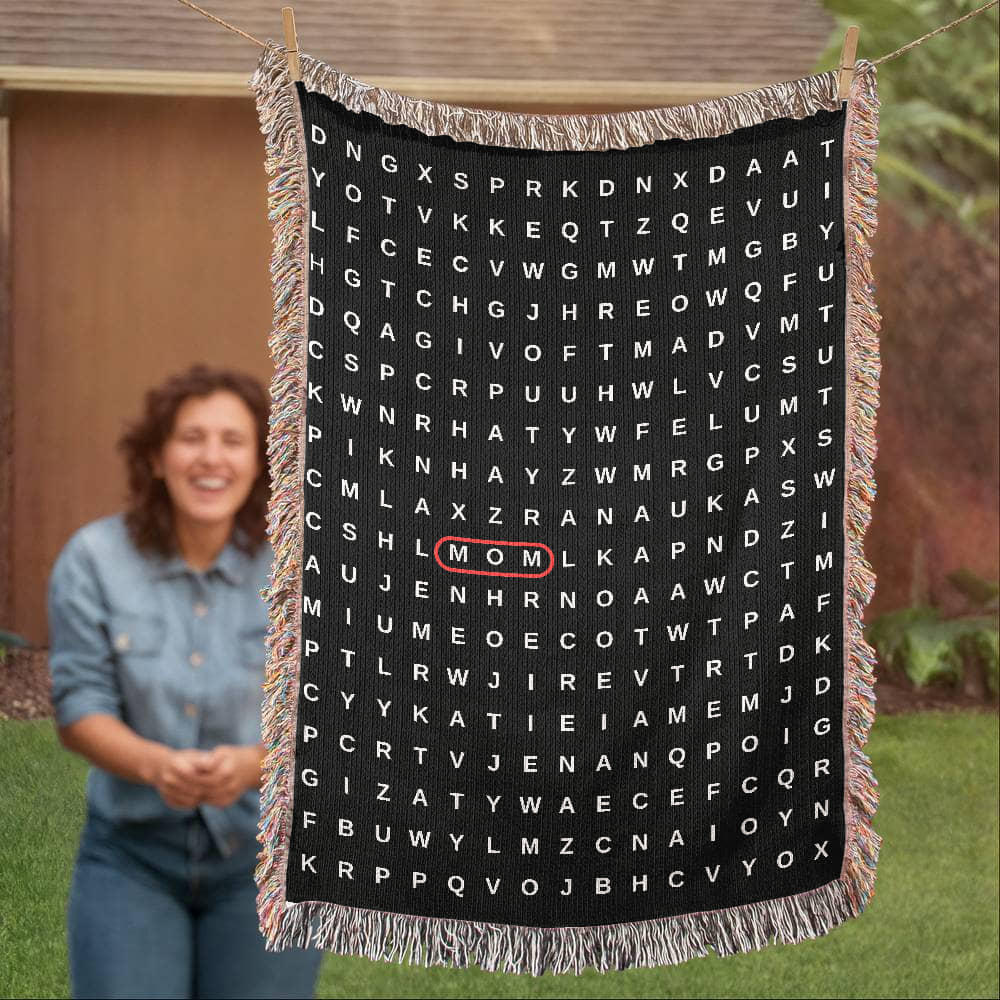 Mom Crossword Woven  Blanket Gift, Grandma Grandkids Names Blanket, Hidden Words Blanket