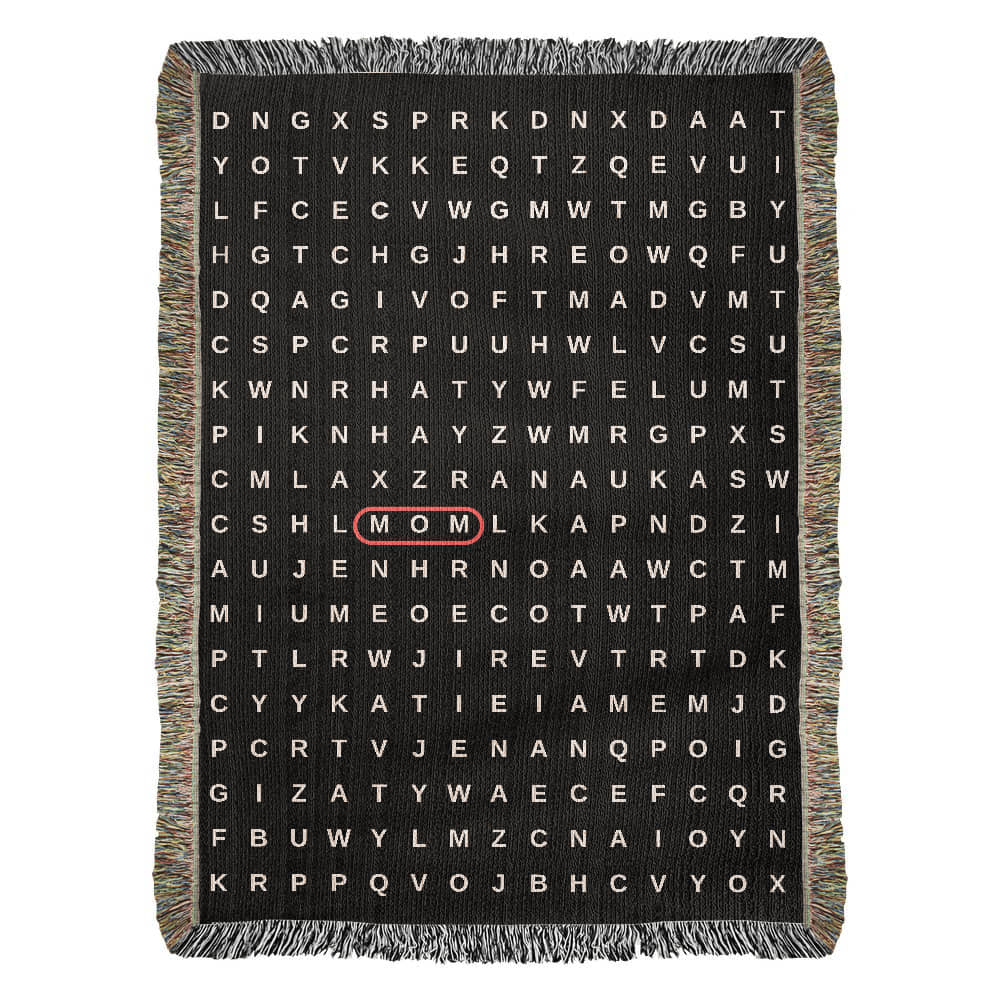 Mom Crossword Woven  Blanket Gift, Grandma Grandkids Names Blanket, Hidden Words Blanket