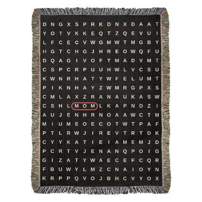 Mom Crossword Woven  Blanket Gift, Grandma Grandkids Names Blanket, Hidden Words Blanket