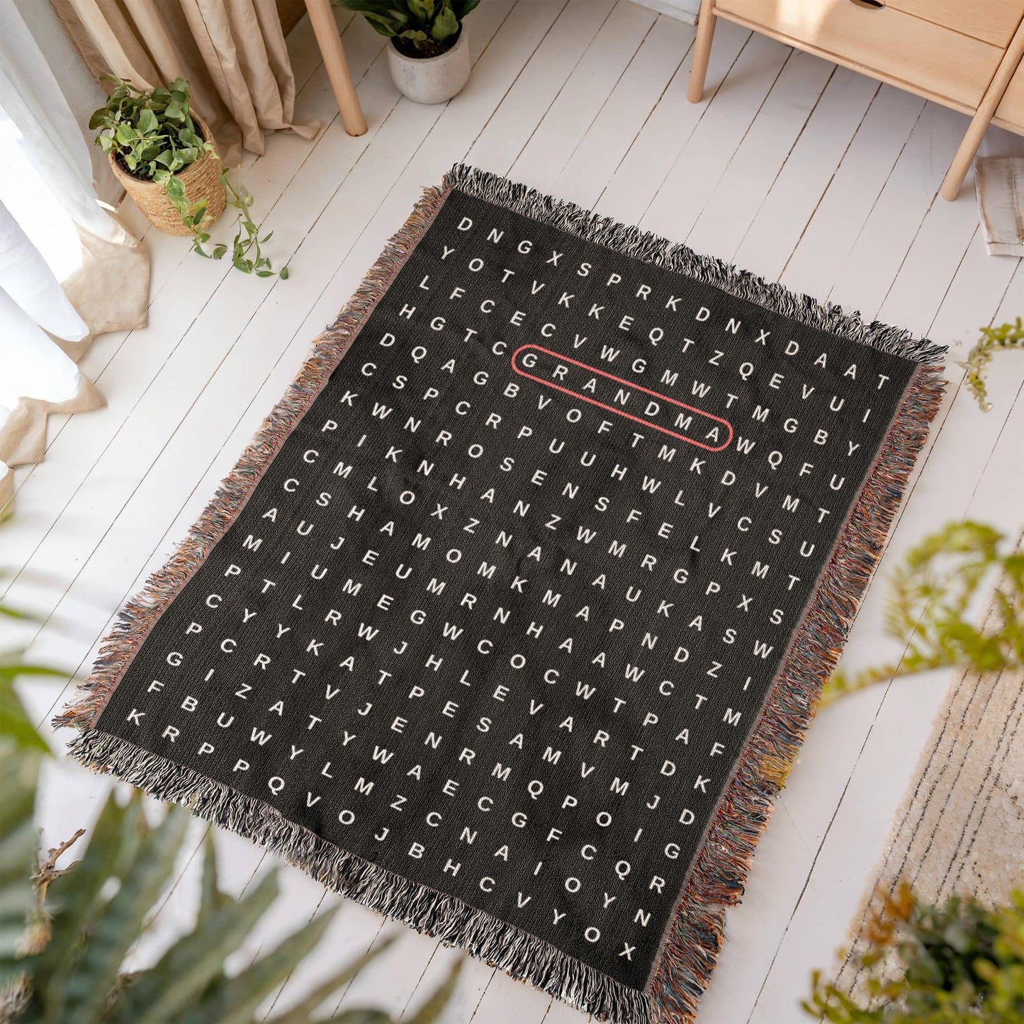 Mom Crossword Woven  Blanket Gift, Grandma Grandkids Names Blanket, Hidden Words Blanket