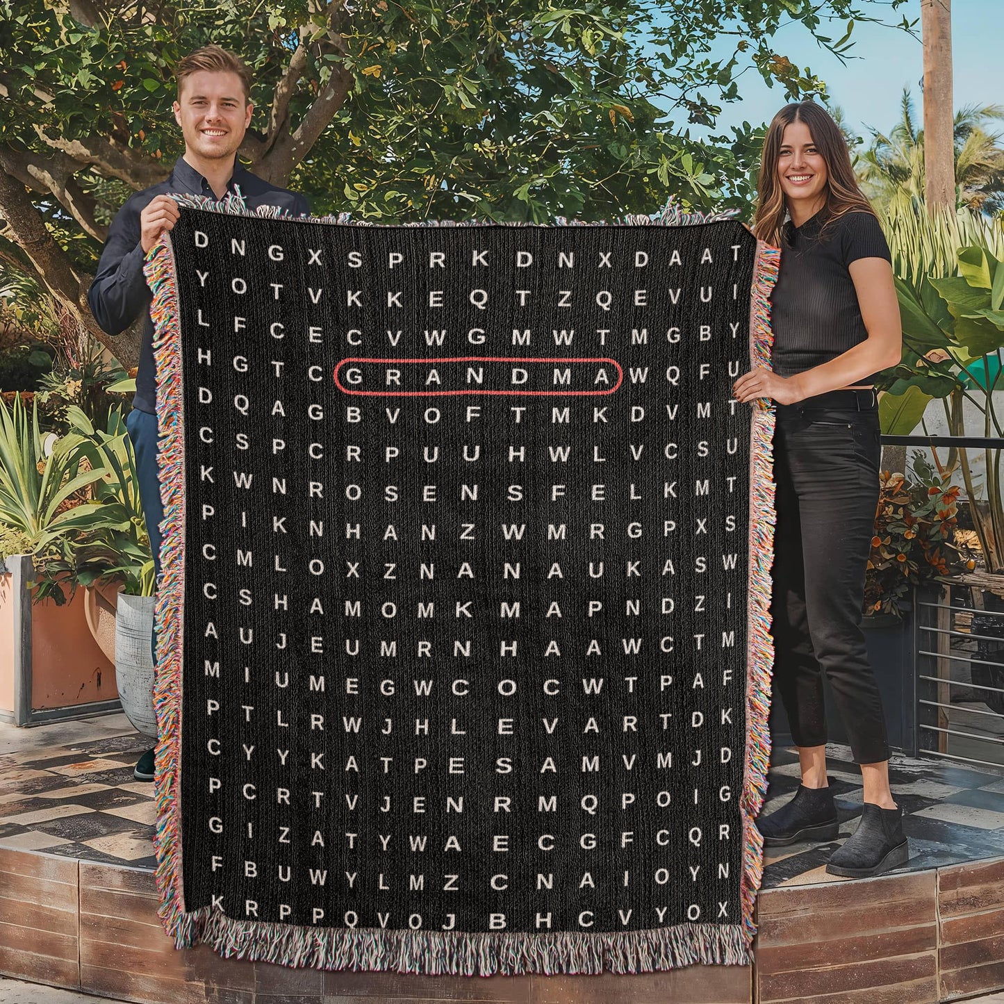 Mom Crossword Woven  Blanket Gift, Grandma Grandkids Names Blanket, Hidden Words Blanket