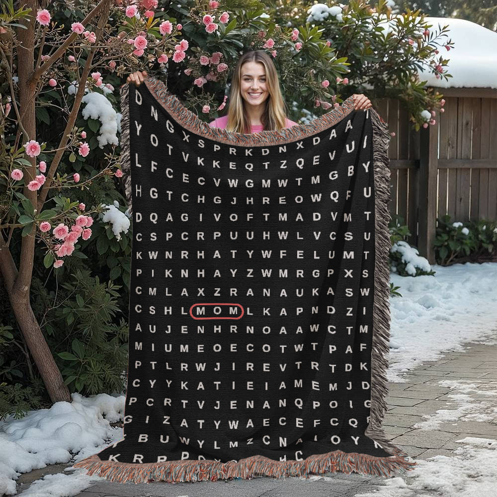 Mom Crossword Woven  Blanket Gift, Grandma Grandkids Names Blanket, Hidden Words Blanket