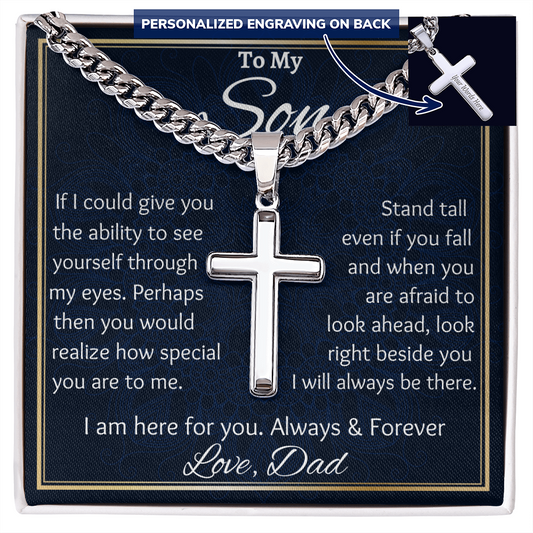 To My Son Cross Chain Necklace, Custom Name Engraved Chain, Graduation Gift for Son from Mom or Dad, Birthday Gift For Son