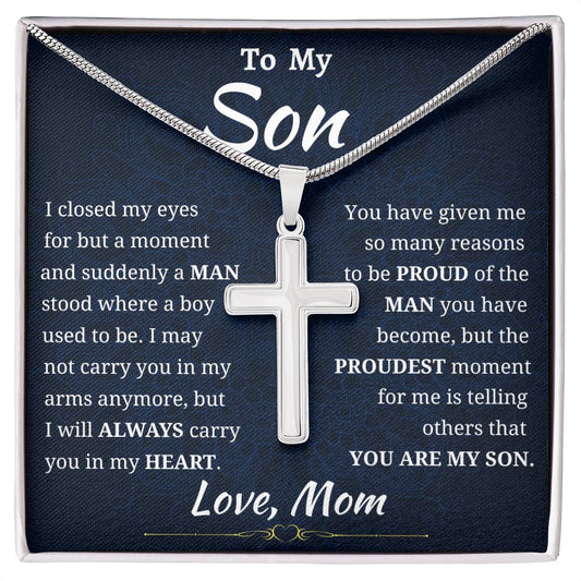 To My Son I will Always Carry You In My Heart Cross Necklace From Mom