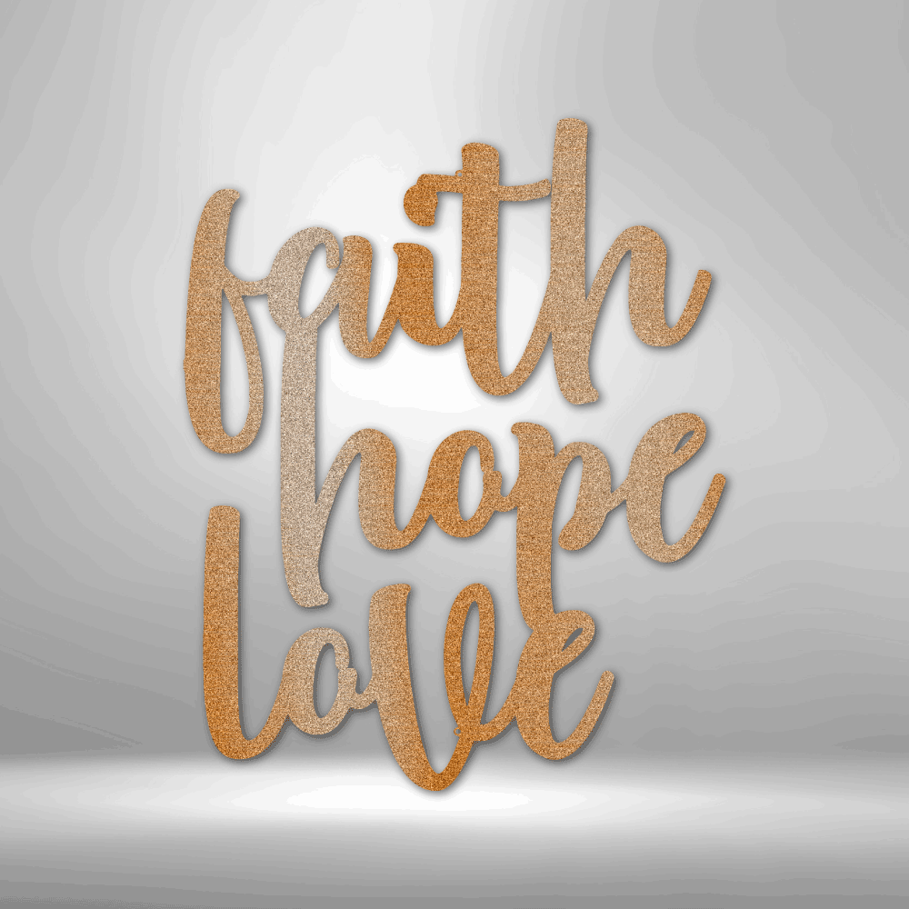 Faith Hope and Love Metal Wall Sign, Christian Metal Wall Art, Home warming Gift, Wedding Gift, Religious Gift, Indoor Outdoor Sign, Cabin Metal Love Script Sign