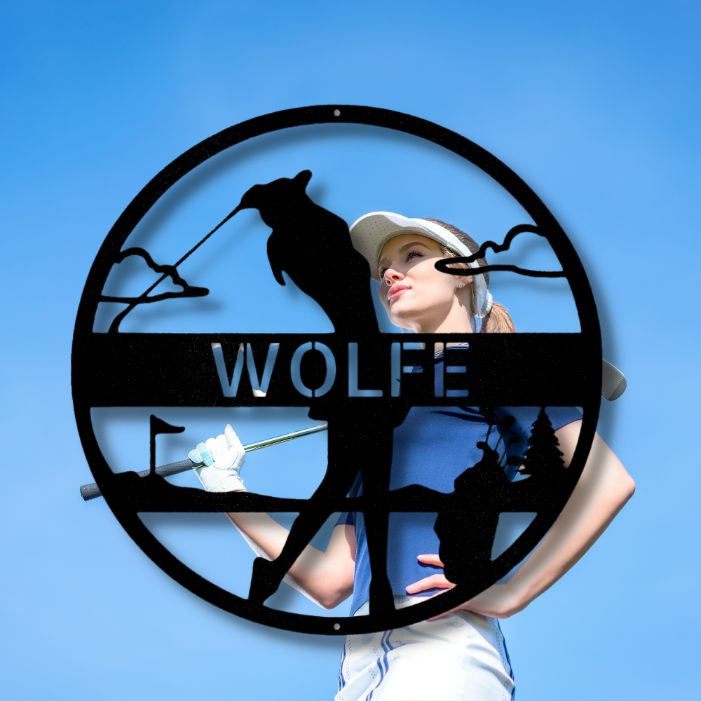 Lady Golfer Metal Sign, Lady Golfer Metal Art With Last Name, Indoor Outdoor Hanging, Wall Decor, Personalized Gift For Golfer Wife, Birthday Gift For Her, Sports Lover Gift.