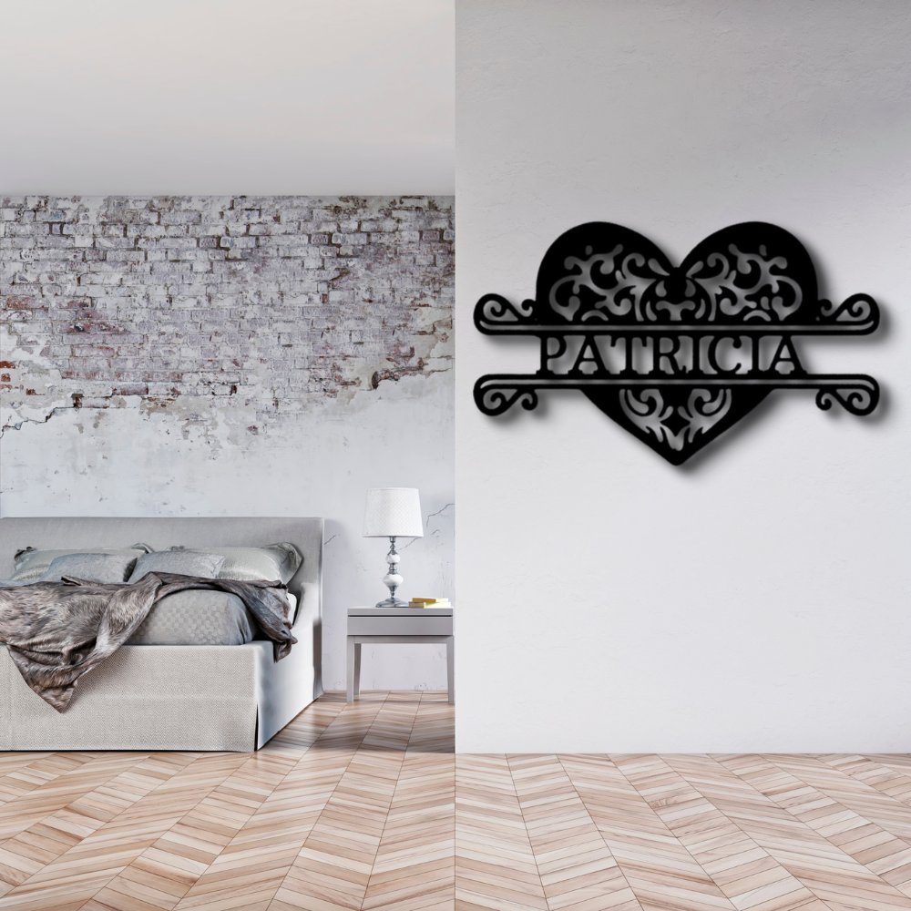 Custom Name Fancy Heart Metal Art Sign, Personalized Split  Heart Metal Art, Fancy Heart Valentine Gift Wall Art, Bedroom Wall Hanging, Custom Valentine Gift, Indoor Wall  Decor.