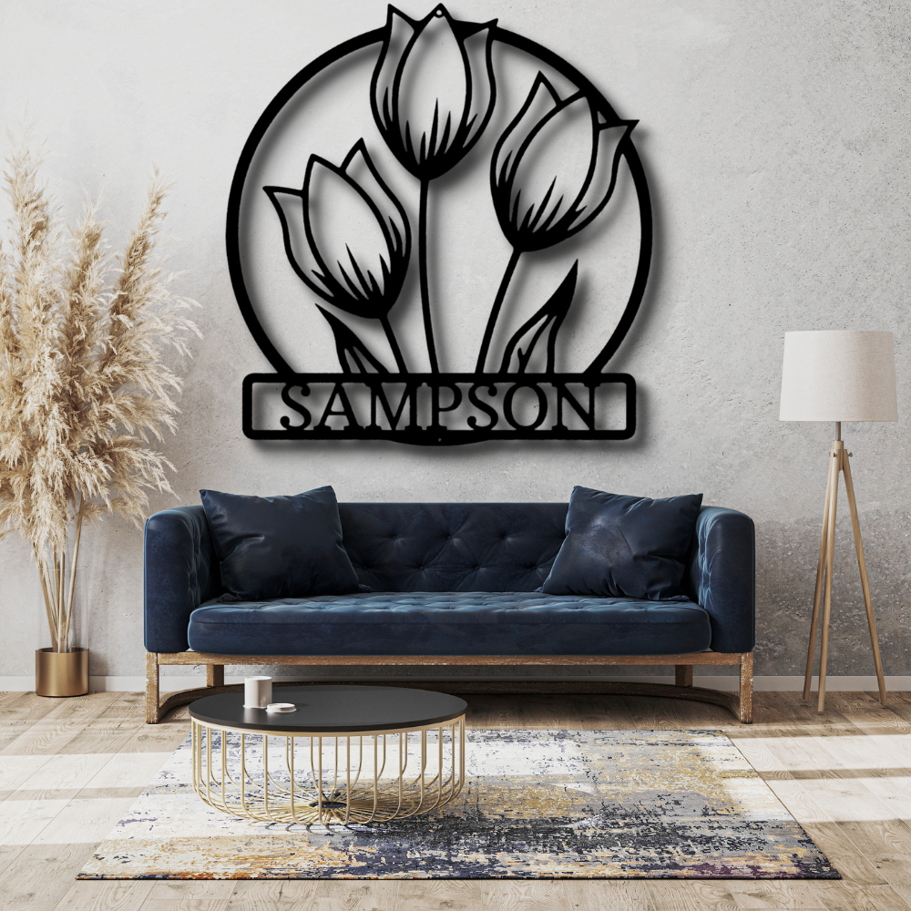Personalized Tulip Flower Last Name Metal Art, Floral Name Sign, Indoor Wall Hanging, Family Name Metal Sign, Gift For Her, Metal Flower Décor