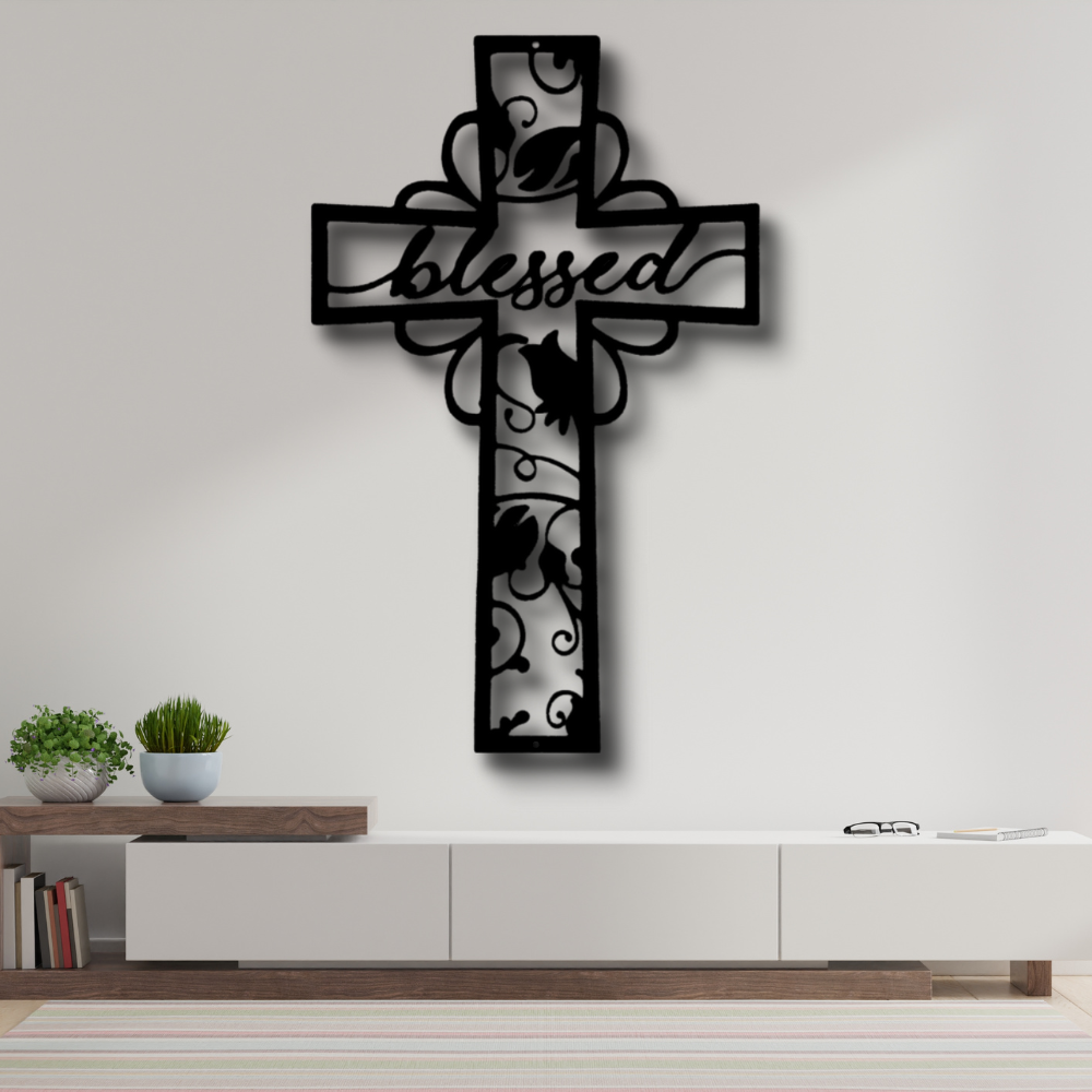 Blessed Cross  Metal Art Sign, Blessed Unique Cross Wall Art Hanging, Christian Wall Art Decor, Religious Housewarming Gift, Faith Art Sign