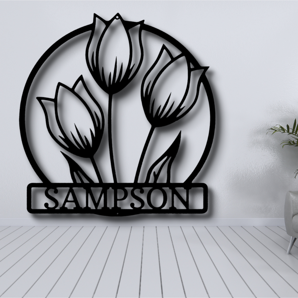 Personalized Tulip Flower Last Name Metal Art, Floral Name Sign, Indoor Wall Hanging, Family Name Metal Sign, Gift For Her, Metal Flower Décor