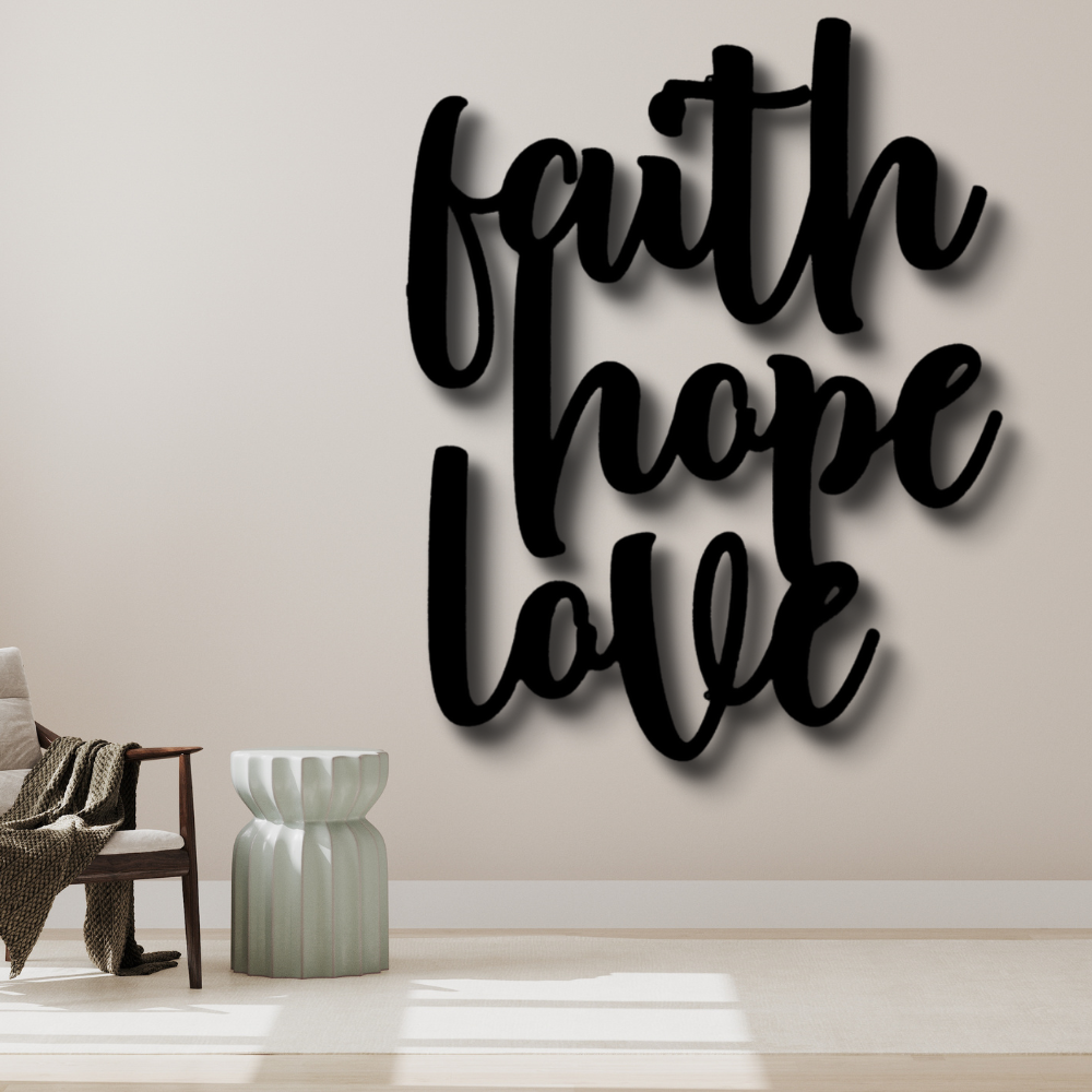 Faith Hope Love Script Metal Art Sign, Warm Home Metal Art Hanging, Indoor Wall Hanging, Living Room Art Decor, Housewarming Gift.