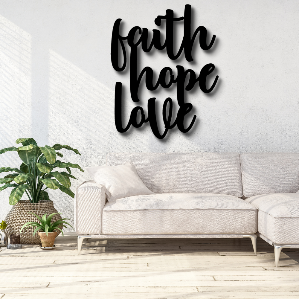 Faith Hope Love Script Metal Art Sign, Warm Home Metal Art Hanging, Indoor Wall Hanging, Living Room Art Decor, Housewarming Gift.