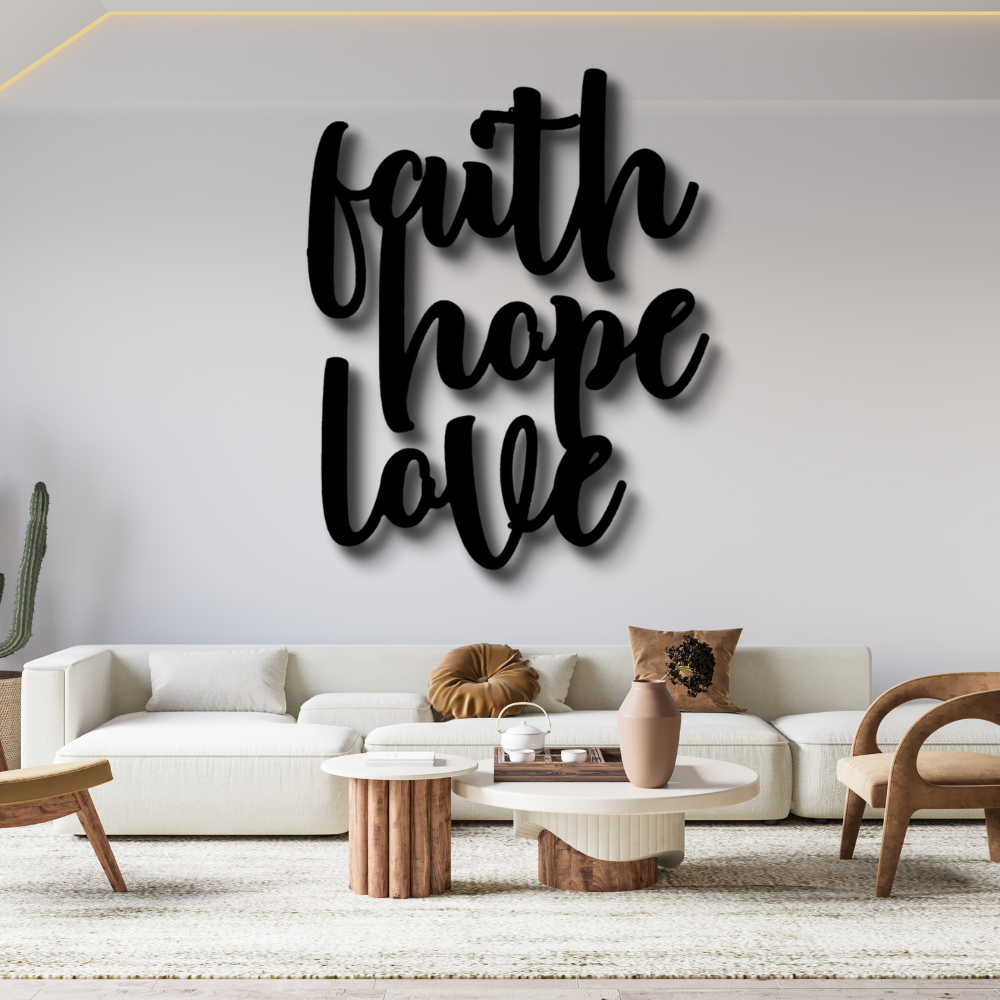 Faith Hope Love Script Metal Art Sign, Warm Home Metal Art Hanging, Indoor Wall Hanging, Living Room Art Decor, Housewarming Gift.