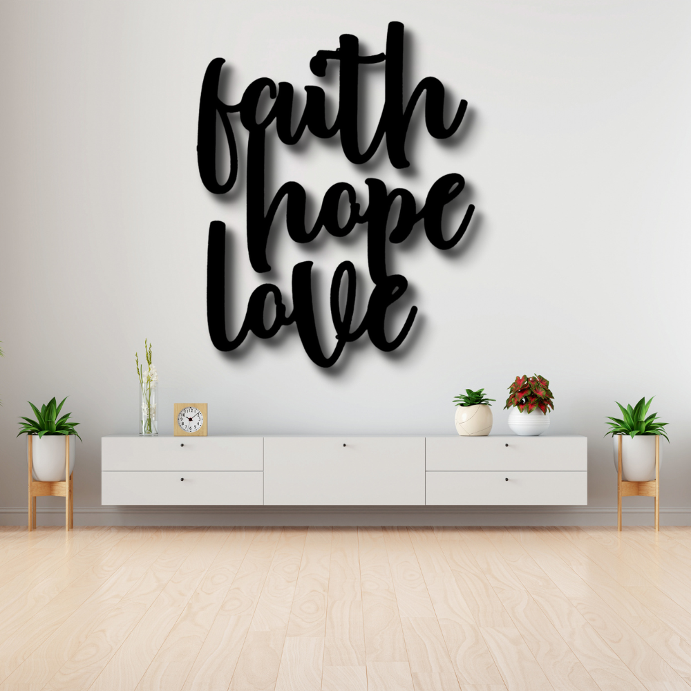 Faith Hope Love Script Metal Art Sign, Warm Home Metal Art Hanging, Indoor Wall Hanging, Living Room Art Decor, Housewarming Gift.