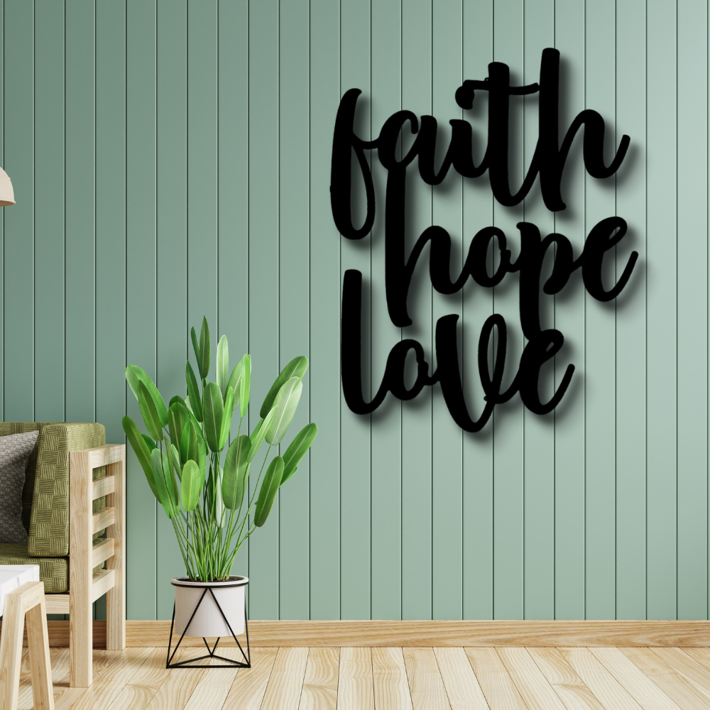 Faith Hope Love Script Metal Art Sign, Warm Home Metal Art Hanging, Indoor Wall Hanging, Living Room Art Decor, Housewarming Gift.