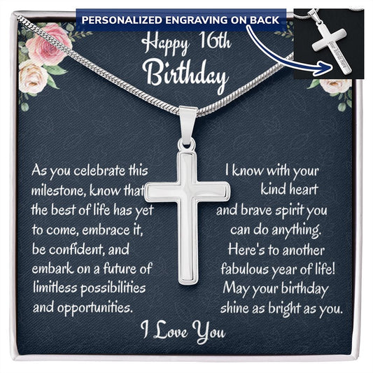 Happy 16'th Birthday Personalized Cross Necklace, Birthday Gift For Niece/ Nephew, Meaningful Jewelry, Birthday Gift From Loving Aunt, Easter Gift, Baptism Gift.