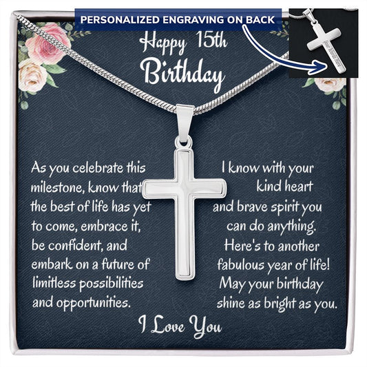 Happy 15'th Birthday Personalized Cross Necklace, Birthday Gift For Niece/ Nephew, Meaningful Jewelry, Birthday Gift From Loving Aunt, Easter Gift, Baptism Gift.