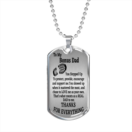 To My  Bonus Dad Men’s Dog Tag Necklace Gift For Stepdad Father’s Day Gift, Stepped Up Dad Gift
