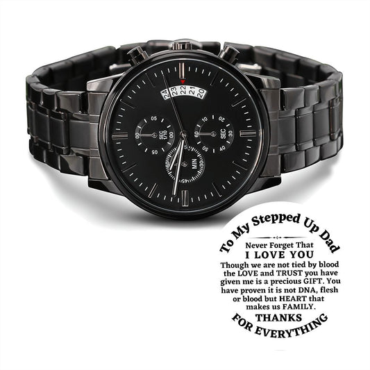To My Amazing Bonus Dad, Engraved Design Black Chronograph Watch, Christmas Gift For Step Dad, Birthday Gift For Him.
