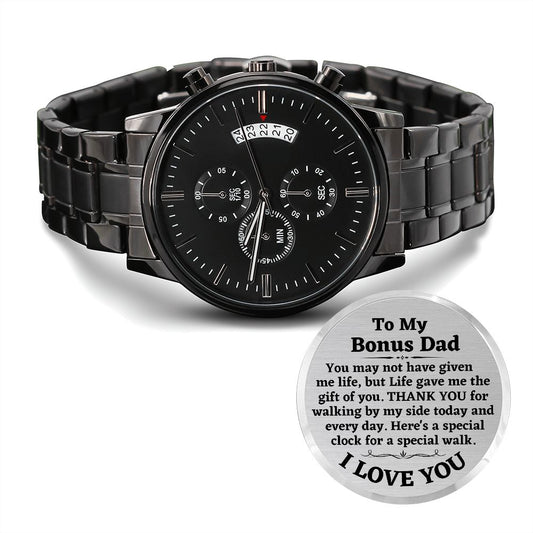 To My Bonus Dad, Engraved Design Black Chronograph Watch, Birthday Gift, Christmas Gift