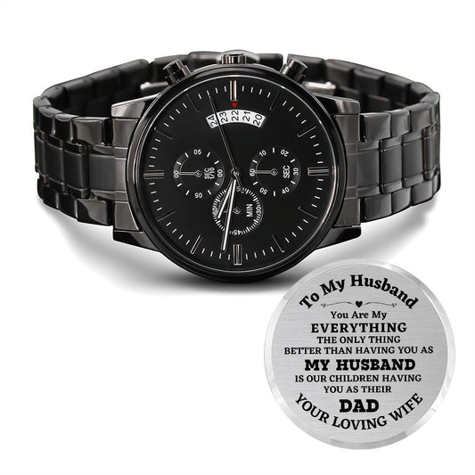 To My Loving Husband. Engraved Design Black Chronograph Watch, Christmas Gift For Him, Wedding Anniversary Gift