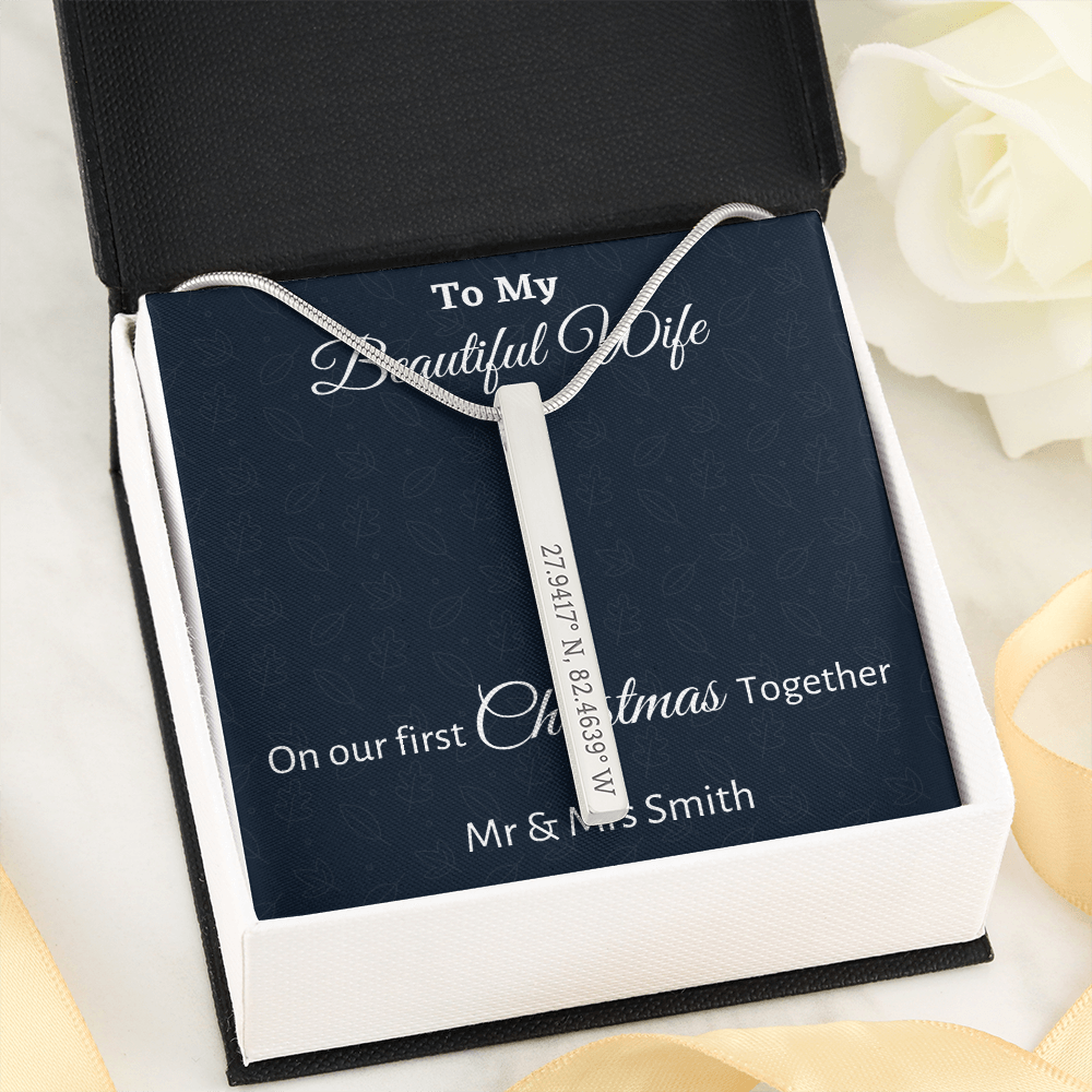 To My Wife Coordinates Vertical Stick Necklace Gift, Personalized Wife Gift On Our First Christmas Together Gift From Husband, Gift For Her