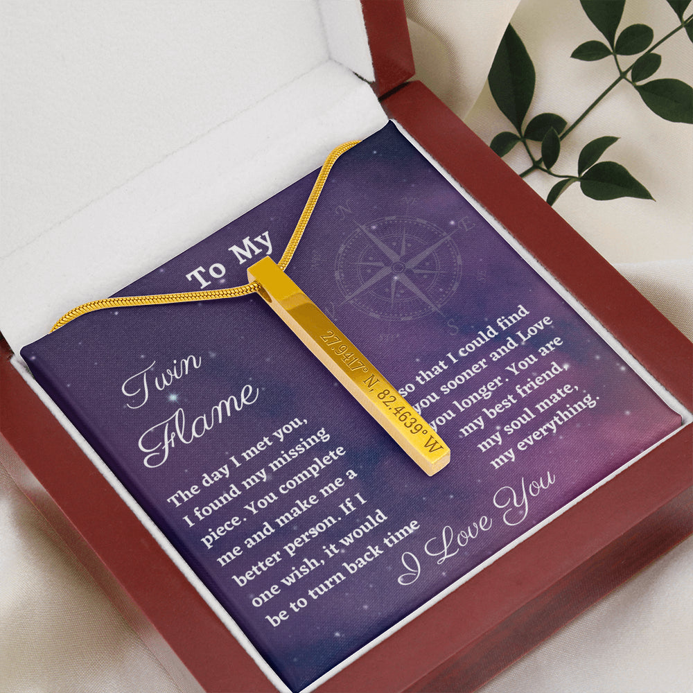 Custom Coordinates Necklace, Personalized Vertical Bar Necklace, To My Twin Flame Birthday or Christmas Gift, Latitude Longitude, Engraved Bar Necklace
