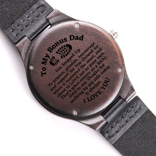 To My Amazing Bonus Dad, Engraved Wooden Watch, Birthday Gift, Christmas Gift For Him