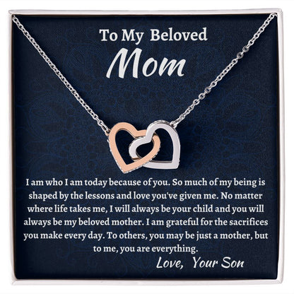 To My Beloved Mom Interlocking Hearts Necklace, Birthday Gift For Beloved Mom, Beloved  Mom Valentine Gift, Son To Mom Gift