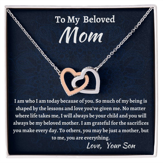 To My Beloved Mom Interlocking Hearts Necklace, Birthday Gift For Beloved Mom, Beloved  Mom Valentine Gift, Son To Mom Gift